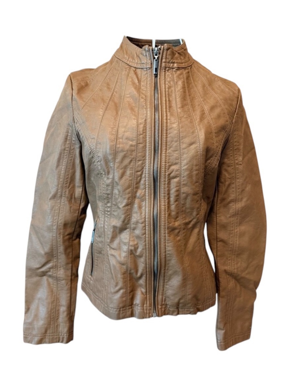 Lock & Love Camel Faux Leather Moto Jacket Stand Collar Zip XS